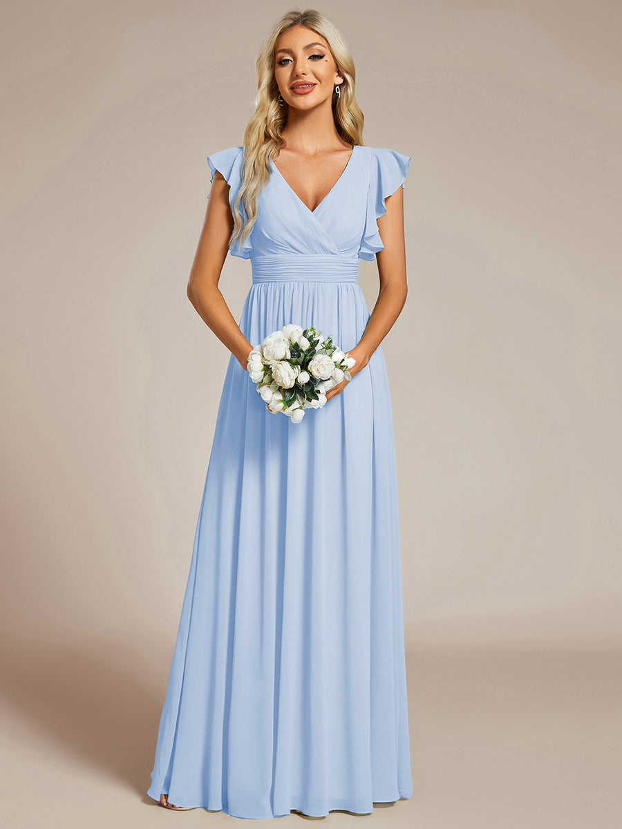 Back Cutout A-Line Pleated Ruffles Sleeve Chiffon Bridesmaid Dress #color_Ice Blue