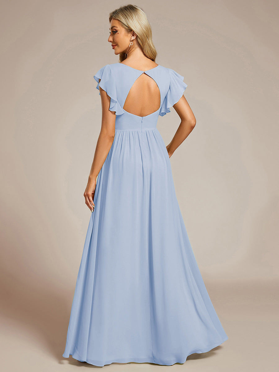 Back Cutout A-Line Pleated Ruffles Sleeve Chiffon Bridesmaid Dress #color_Ice Blue