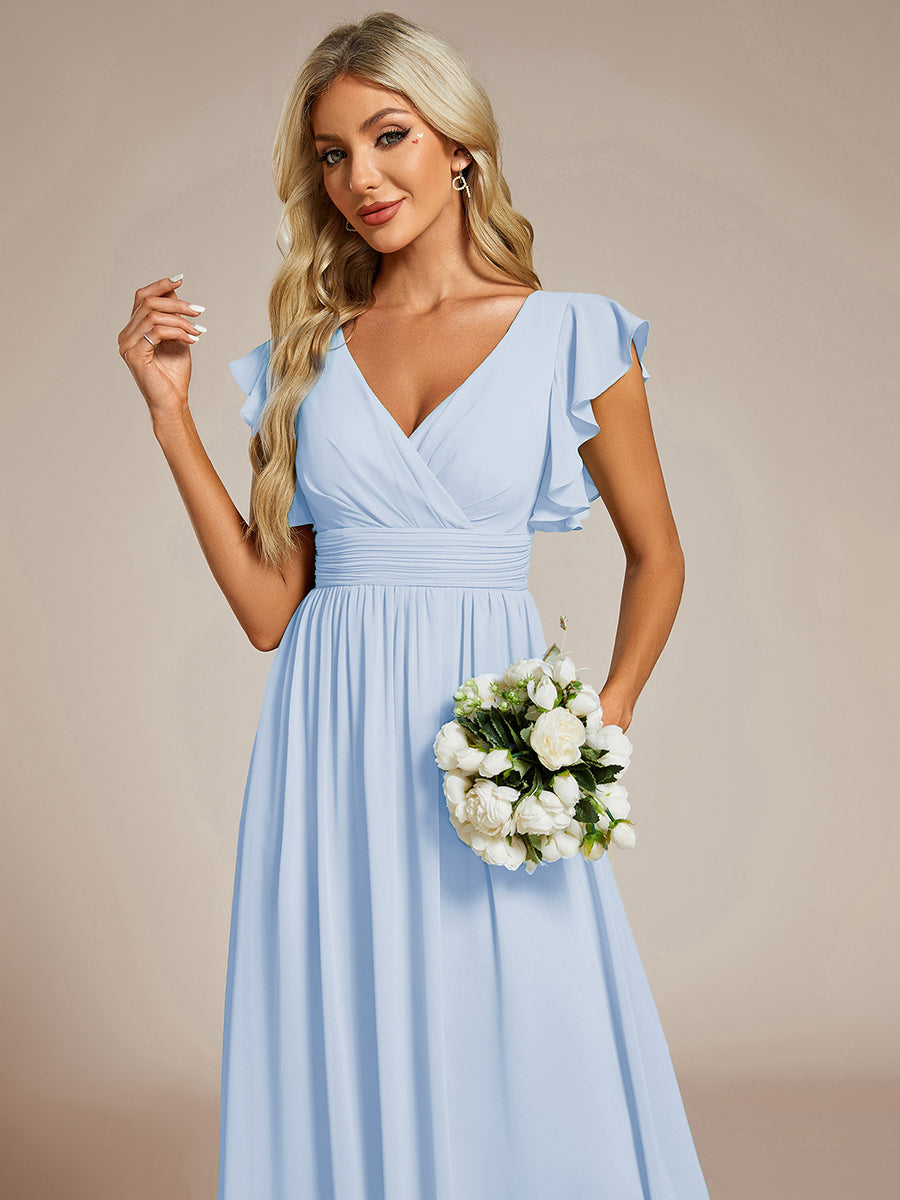 Back Cutout A-Line Pleated Ruffles Sleeve Chiffon Bridesmaid Dress #color_Ice Blue