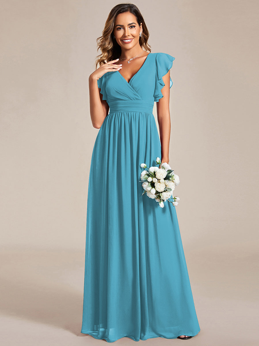 Ruffles Sleeve Back Cutout A-Line Maxi Chiffon Bridesmaid Dress #color_Jade Blue