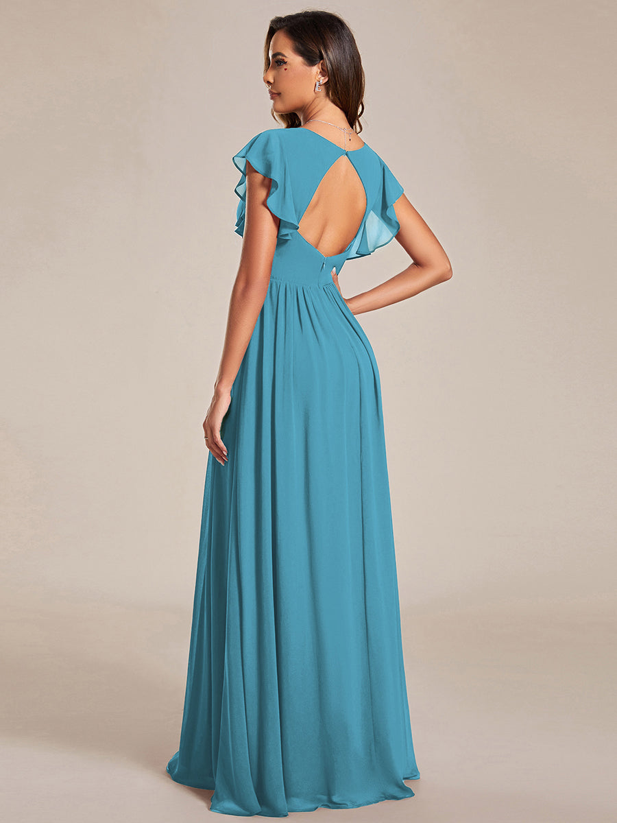 Ruffles Sleeve Back Cutout A-Line Maxi Chiffon Bridesmaid Dress #color_Jade Blue