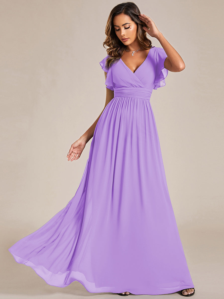 Back Cutout A-Line Pleated Ruffles Sleeve Chiffon Bridesmaid Dress #color_Lavender