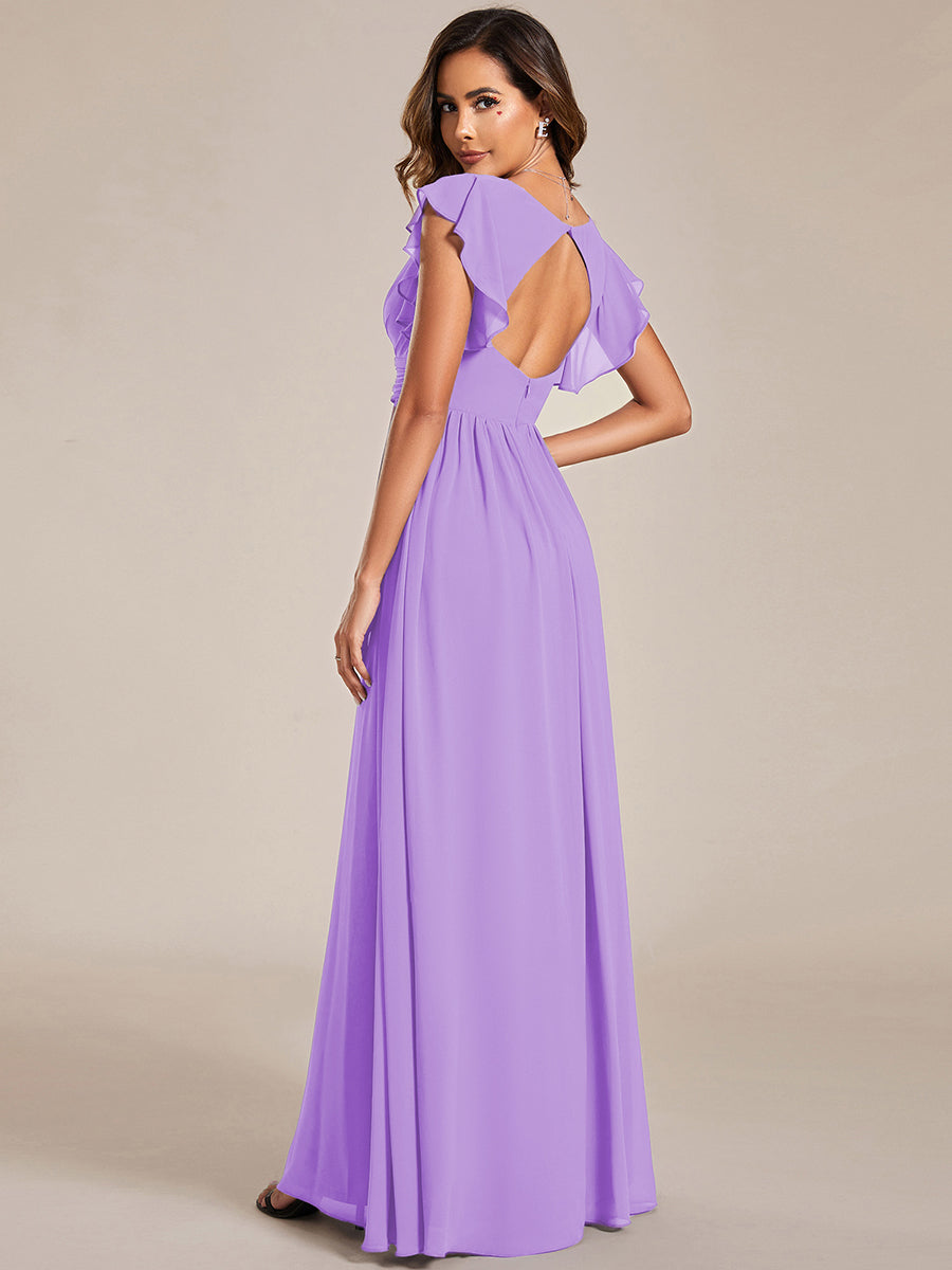 Back Cutout A-Line Pleated Ruffles Sleeve Chiffon Bridesmaid Dress #color_Lavender