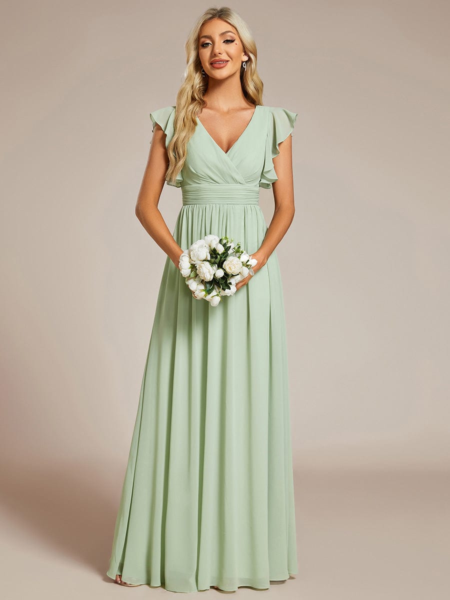 Back Cutout A-Line Pleated Ruffles Sleeve Chiffon Bridesmaid Dress #color_Mint Green