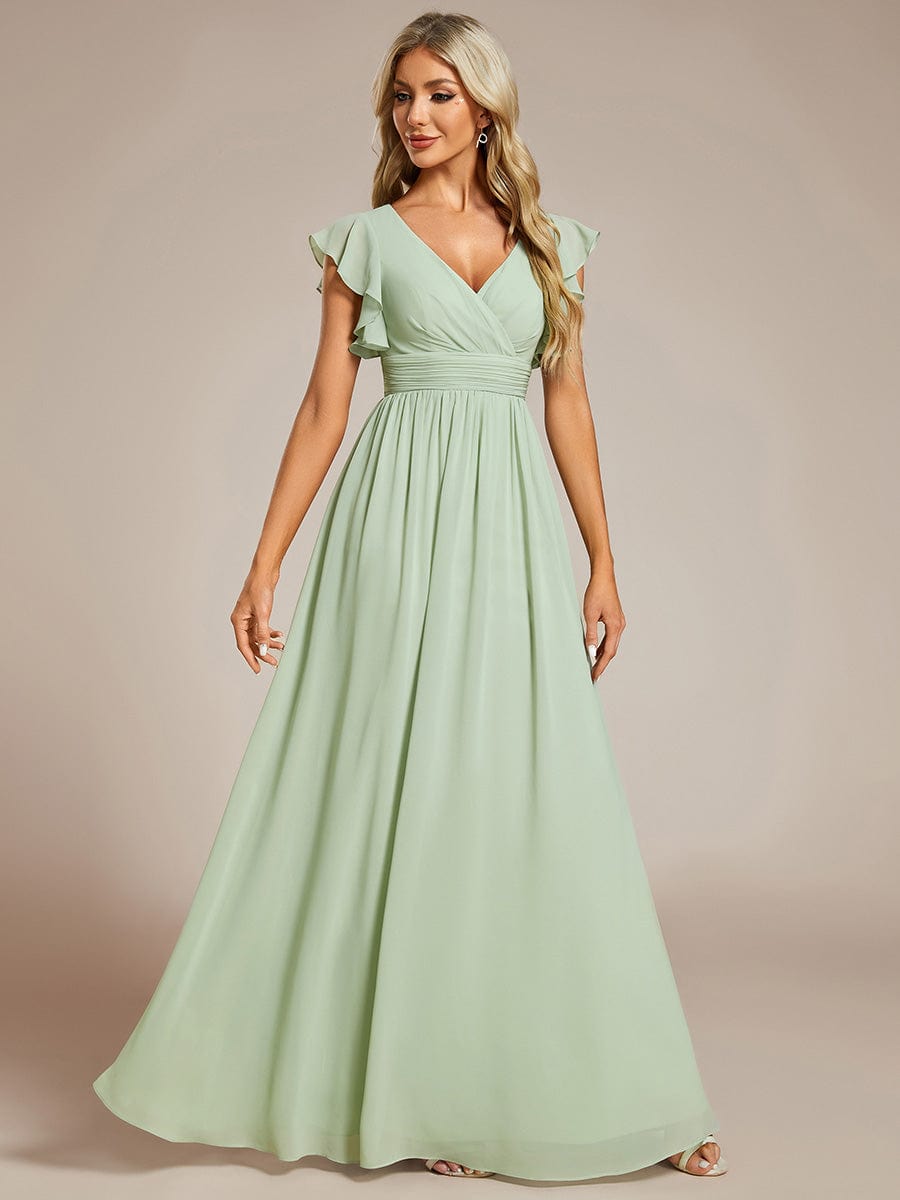 Back Cutout A-Line Pleated Ruffles Sleeve Chiffon Bridesmaid Dress #color_Mint Green