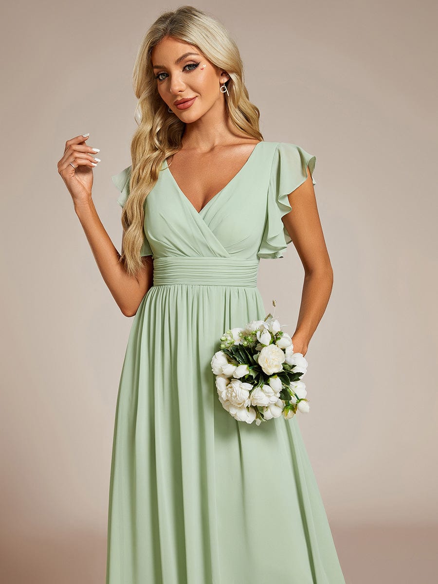 Back Cutout A-Line Pleated Ruffles Sleeve Chiffon Bridesmaid Dress #color_Mint Green