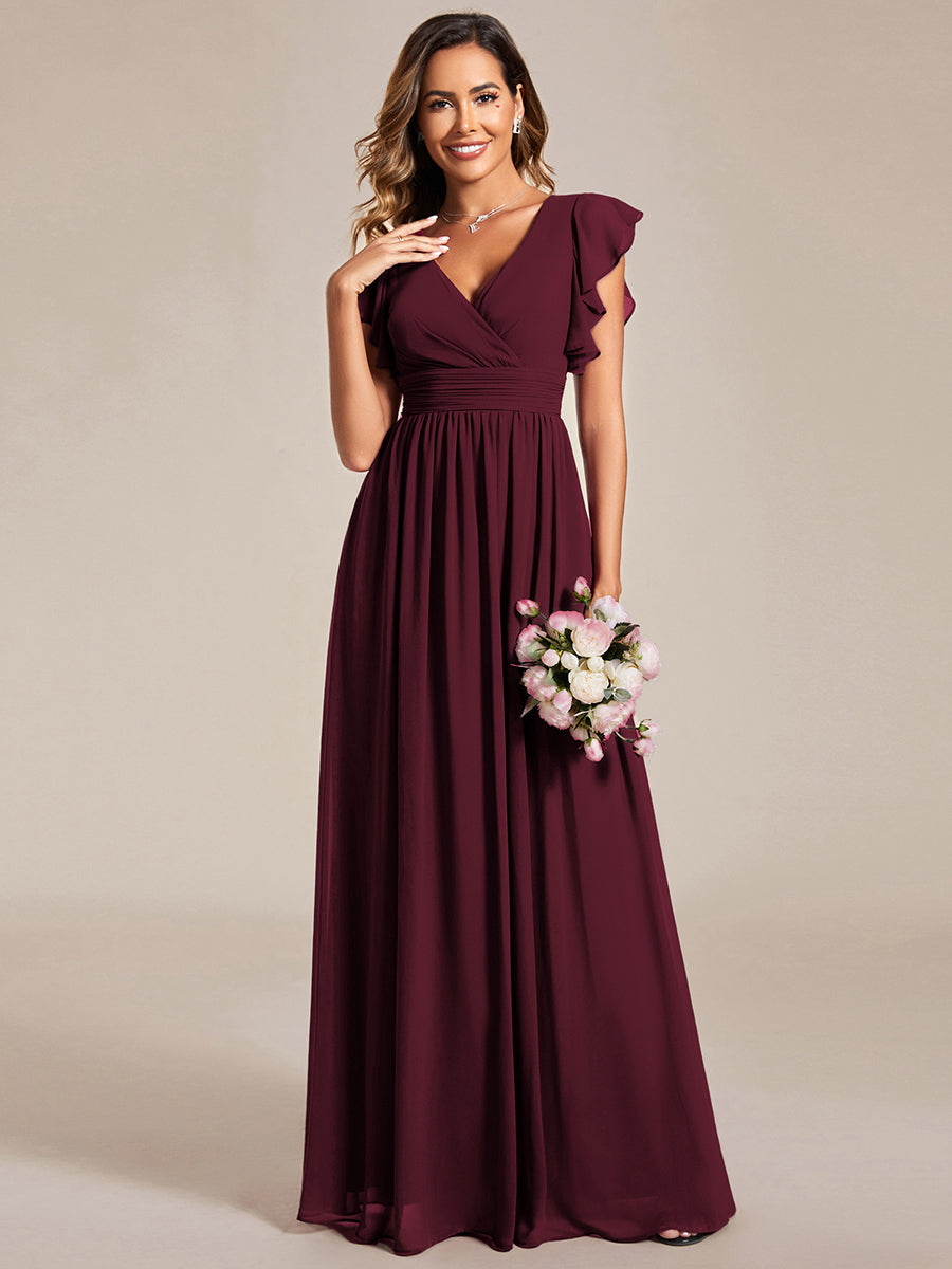 Ruffles Sleeve Back Cutout A-Line Maxi Chiffon Bridesmaid Dress #color_Mulberry