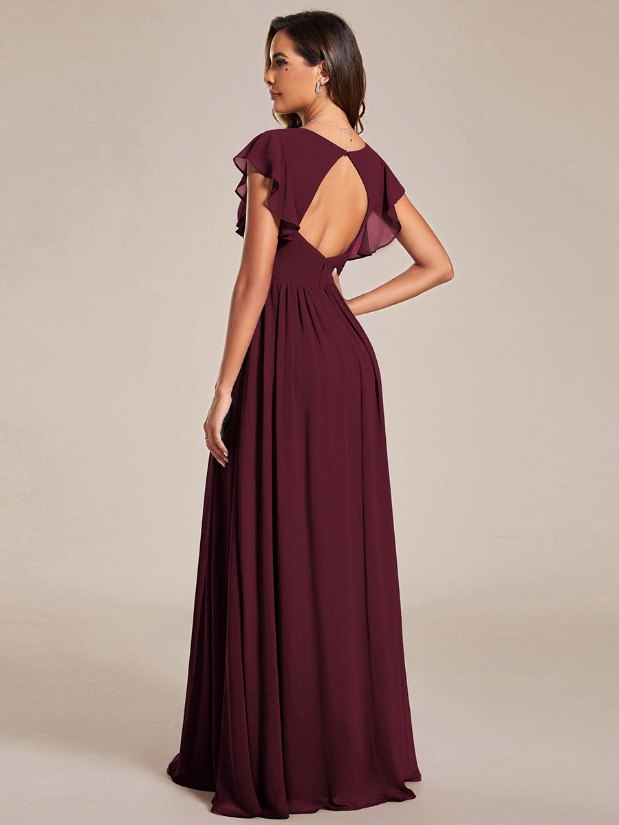 Ruffles Sleeve Back Cutout A-Line Maxi Chiffon Bridesmaid Dress #color_Mulberry