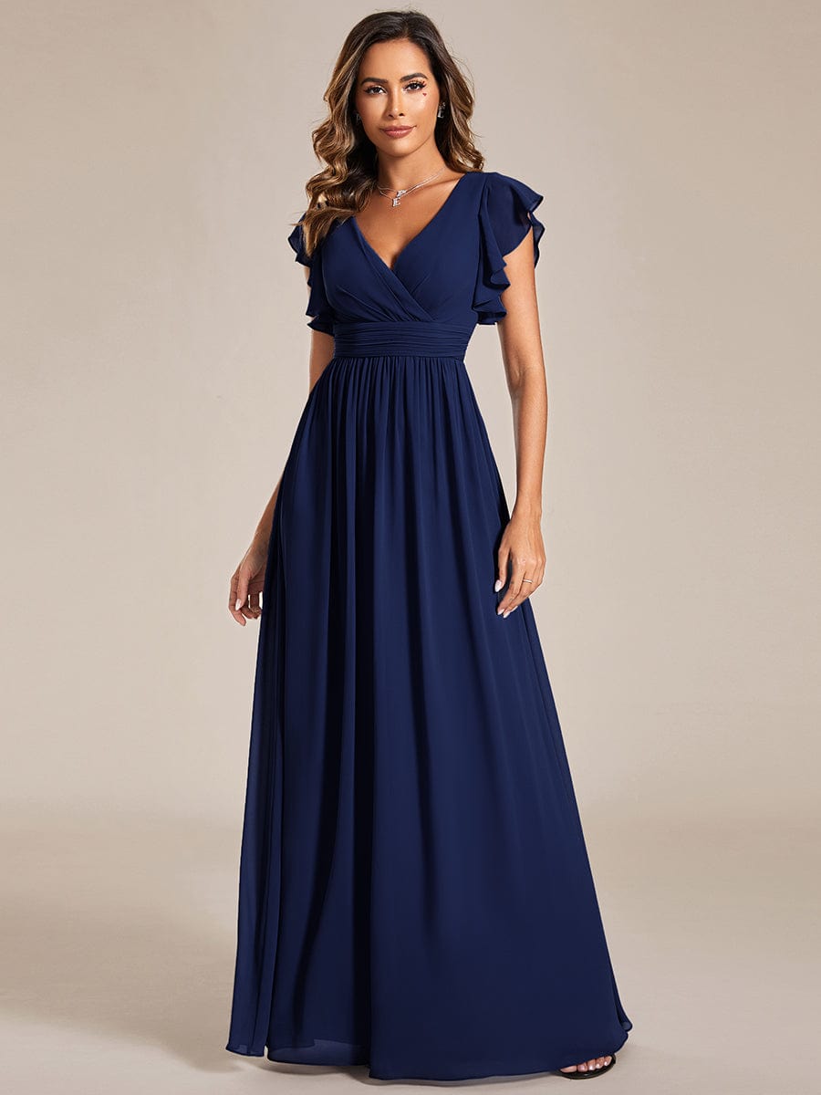 Back Cutout A-Line Pleated Ruffles Sleeve Chiffon Bridesmaid Dress #color_Navy Blue