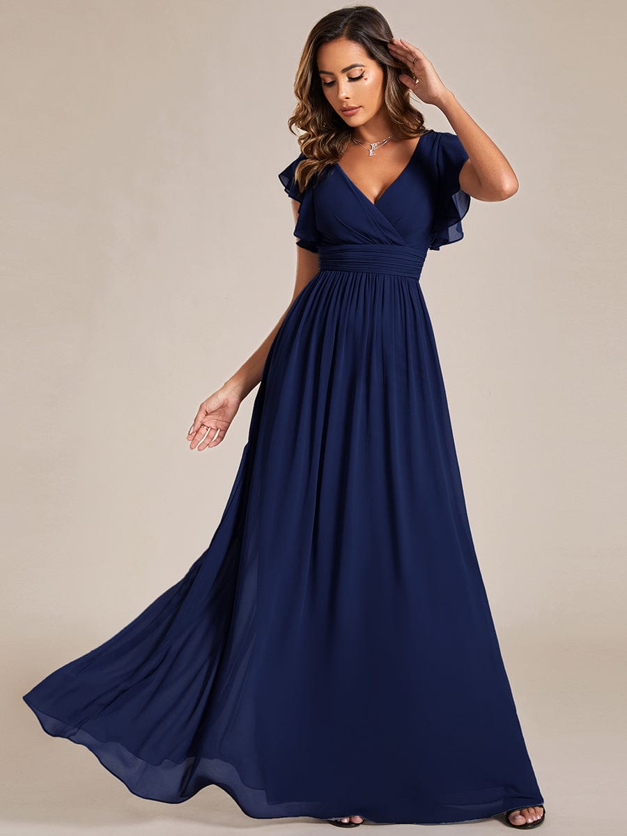 Back Cutout A-Line Pleated Ruffles Sleeve Chiffon Bridesmaid Dress #color_Navy Blue