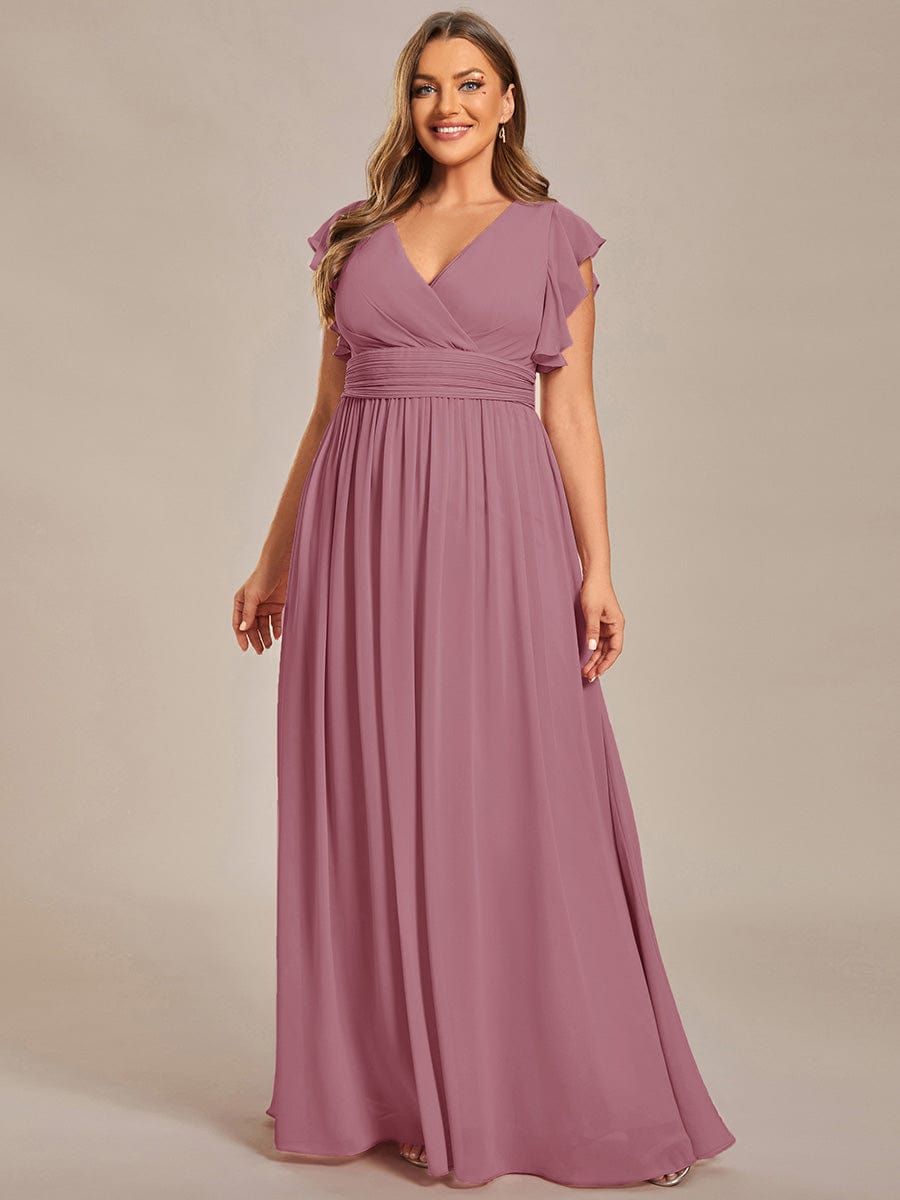 Back Cutout A-Line Pleated Ruffles Sleeve Chiffon Bridesmaid Dress #color_Purple Orchid