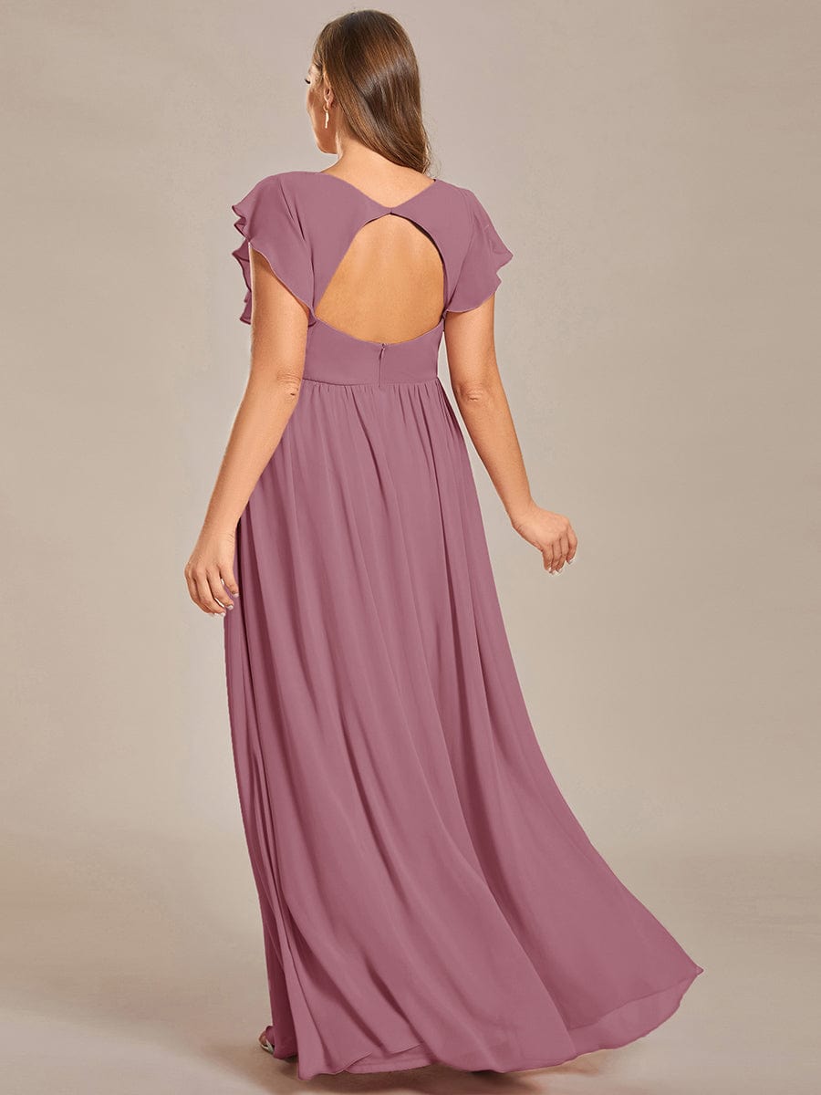 Back Cutout A-Line Pleated Ruffles Sleeve Chiffon Bridesmaid Dress #color_Purple Orchid