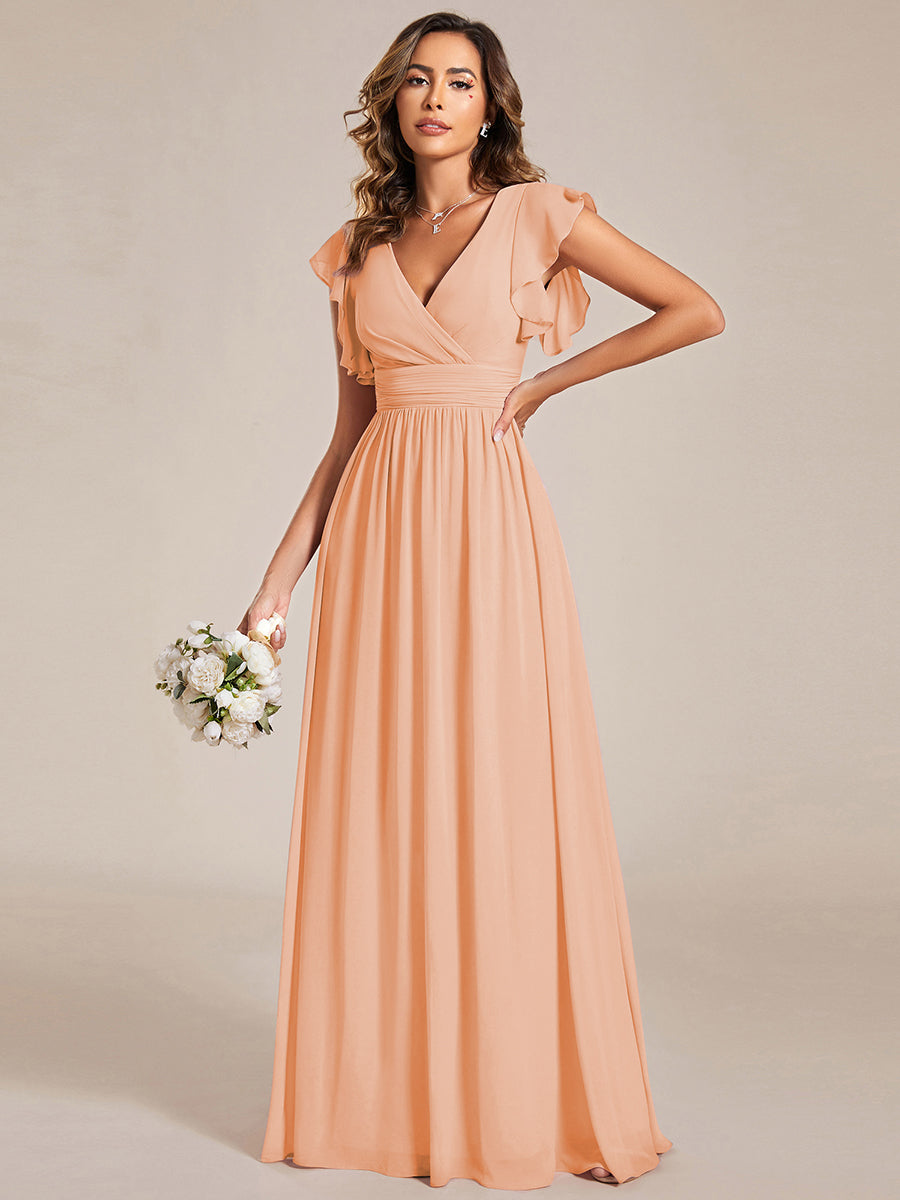 Ruffles Sleeve Back Cutout A-Line Maxi Chiffon Bridesmaid Dress #color_Peach