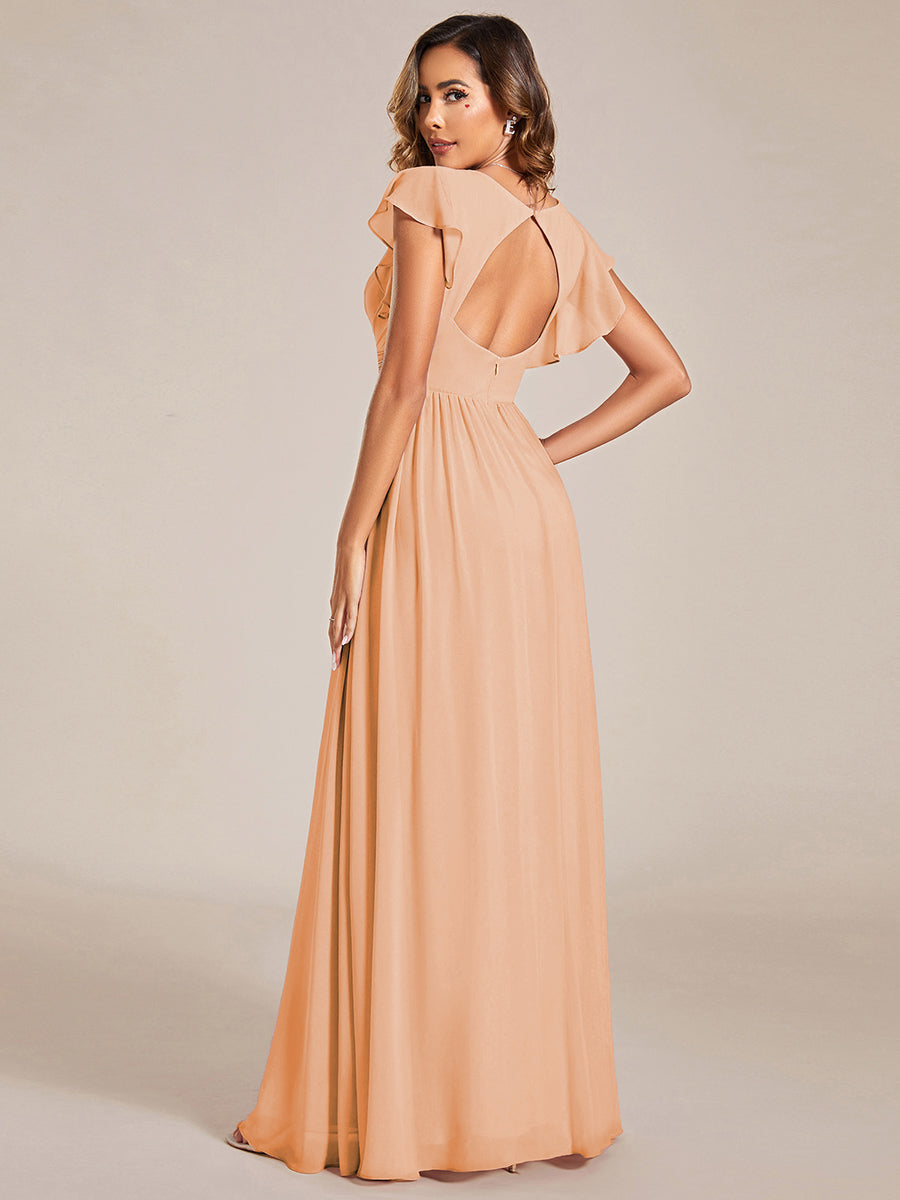 Ruffles Sleeve Back Cutout A-Line Maxi Chiffon Bridesmaid Dress #color_Peach