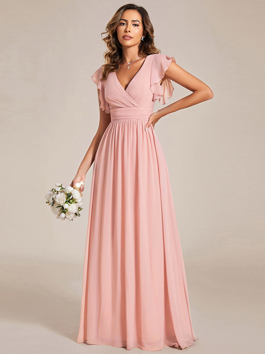 Back Cutout A-Line Pleated Ruffles Sleeve Chiffon Bridesmaid Dress #color_Pink