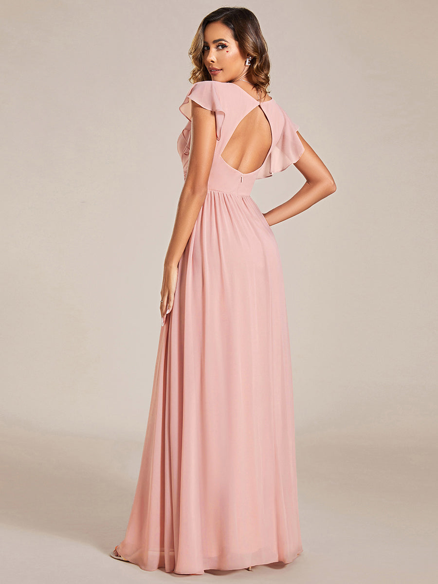 Back Cutout A-Line Pleated Ruffles Sleeve Chiffon Bridesmaid Dress #color_Pink