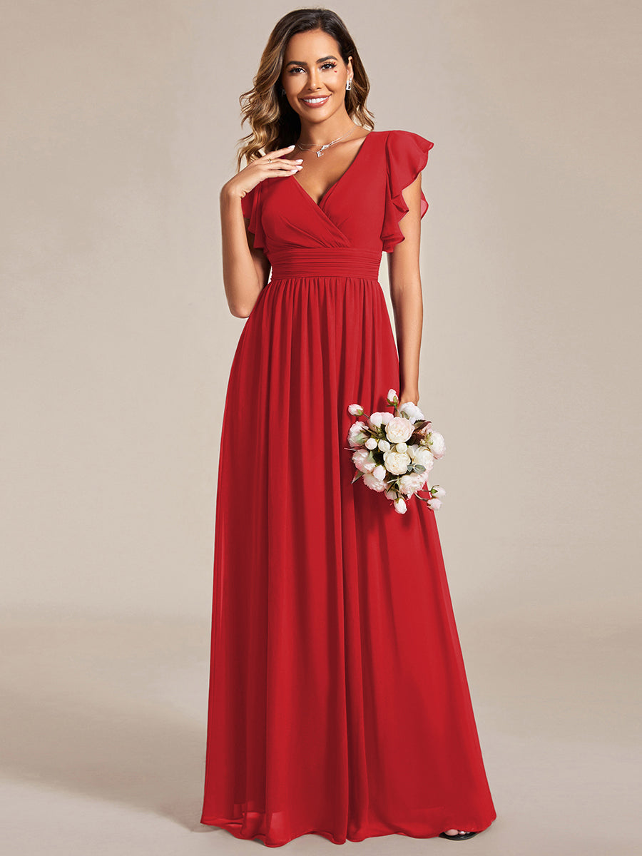 Ruffles Sleeve Back Cutout A-Line Maxi Chiffon Bridesmaid Dress #color_Red