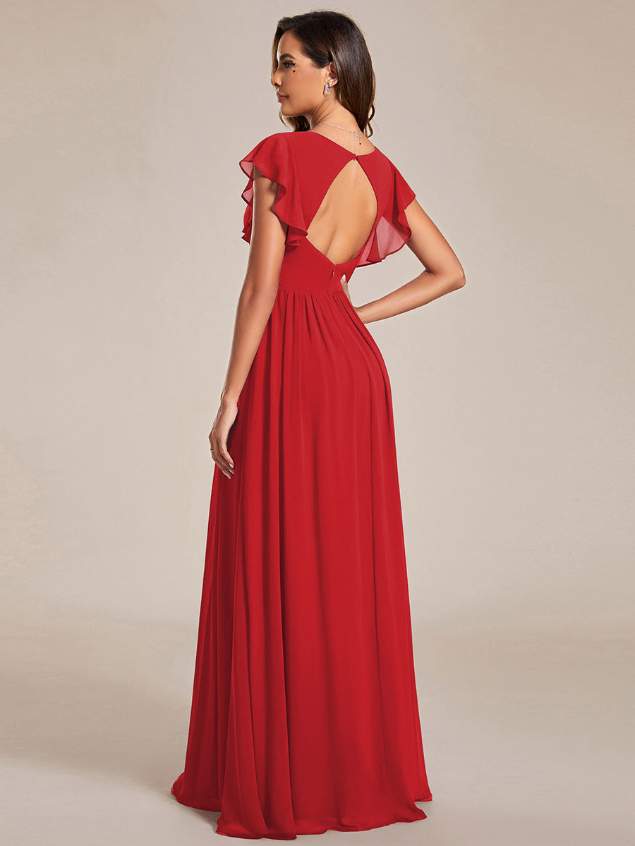 Ruffles Sleeve Back Cutout A-Line Maxi Chiffon Bridesmaid Dress #color_Red