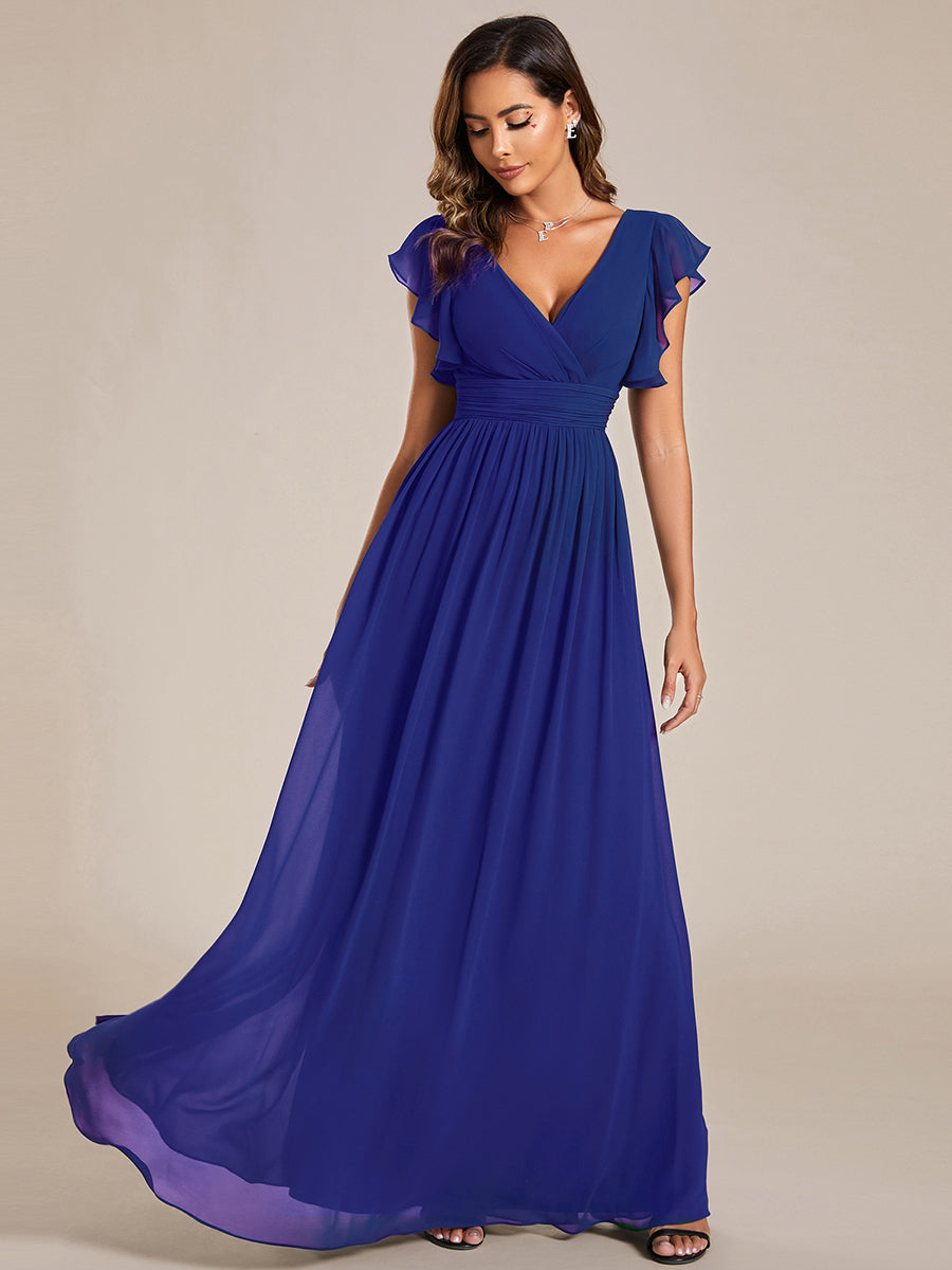 Back Cutout A-Line Pleated Ruffles Sleeve Chiffon Bridesmaid Dress #color_Sapphire Blue