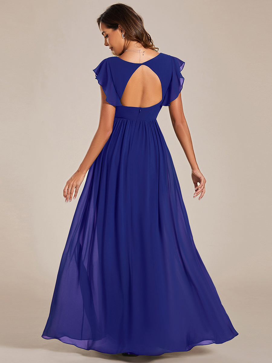 Back Cutout A-Line Pleated Ruffles Sleeve Chiffon Bridesmaid Dress #color_Sapphire Blue