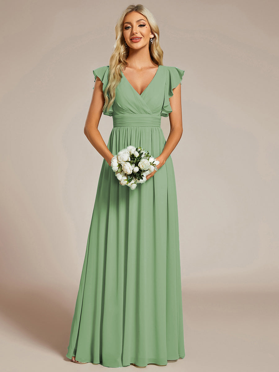 Ruffles Sleeve Back Cutout A-Line Maxi Chiffon Bridesmaid Dress #color_Sage Green