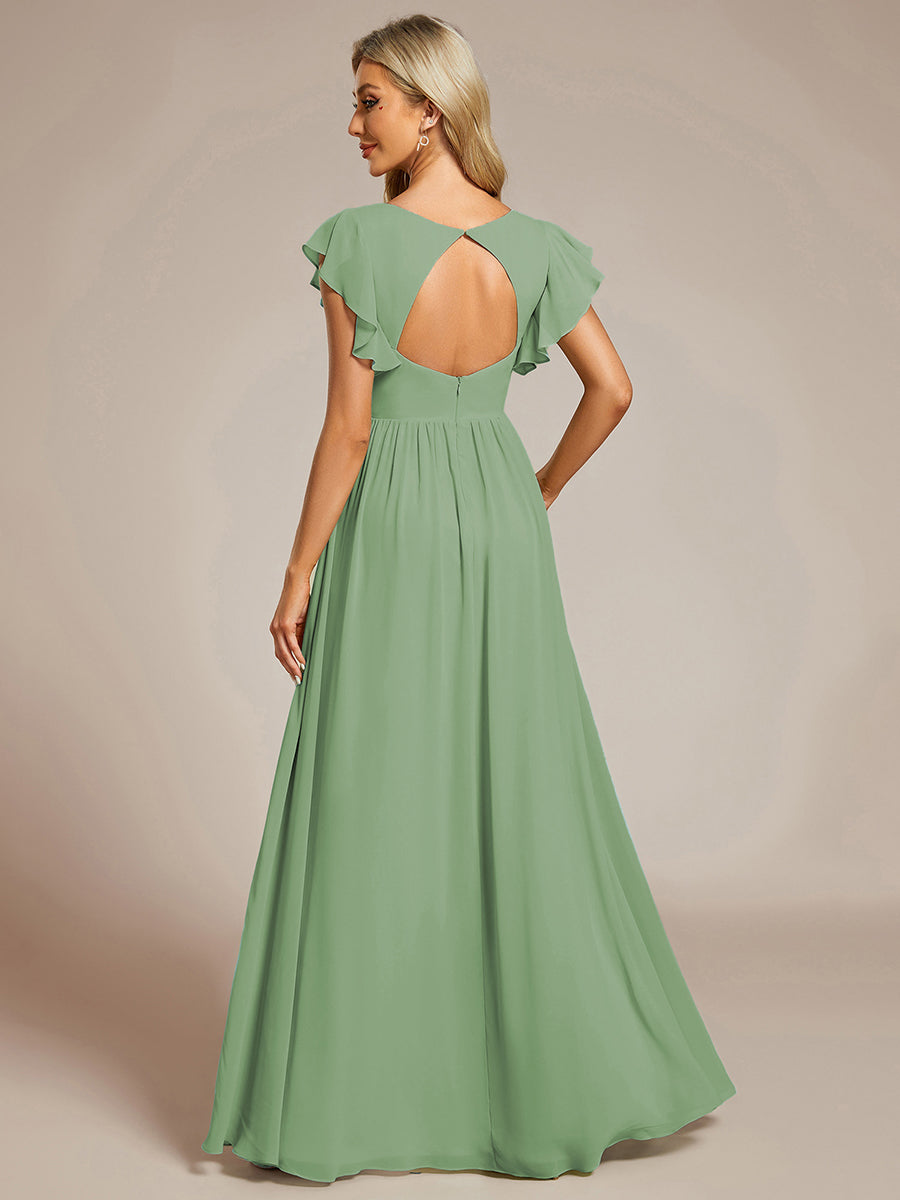 Ruffles Sleeve Back Cutout A-Line Maxi Chiffon Bridesmaid Dress #color_Sage Green