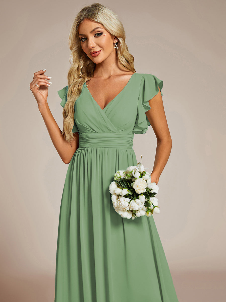 Ruffles Sleeve Back Cutout A-Line Maxi Chiffon Bridesmaid Dress #color_Sage Green