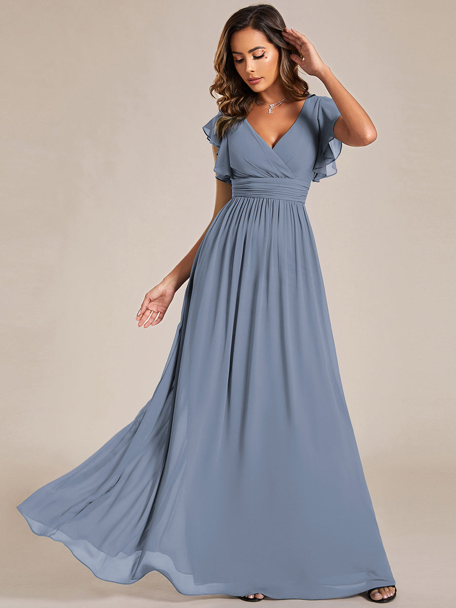 Ruffles Sleeve Back Cutout A-Line Maxi Chiffon Bridesmaid Dress #color_Slate Blue