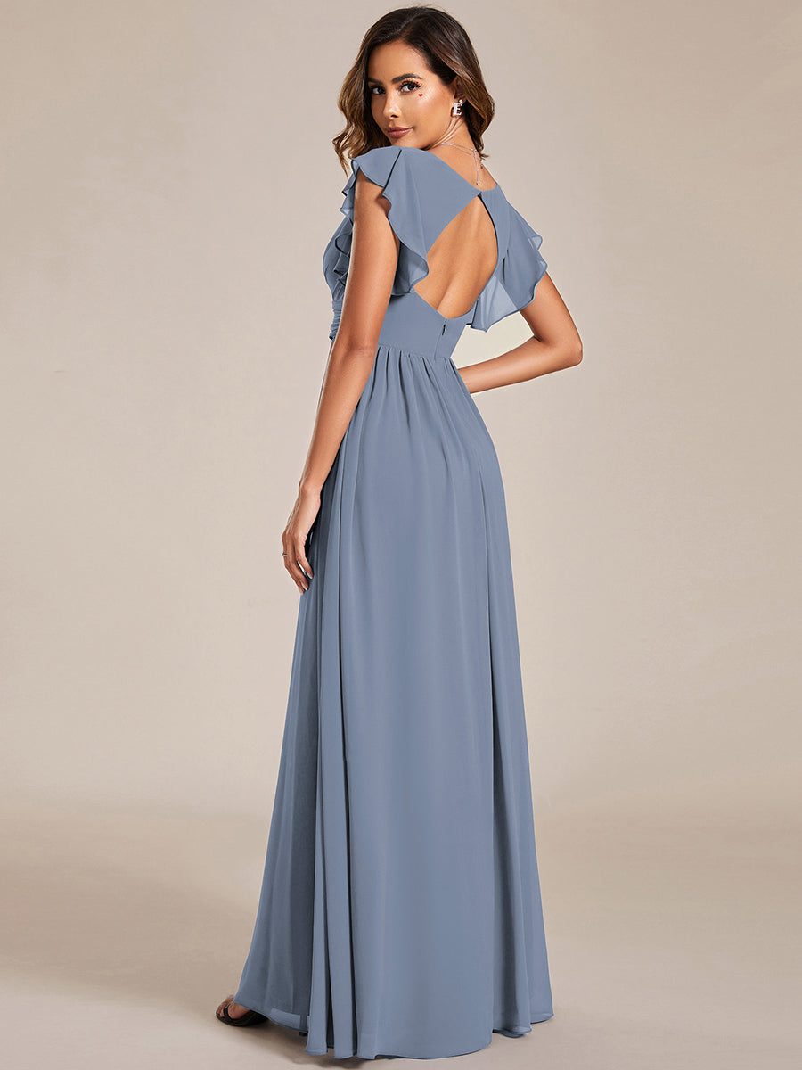 Ruffles Sleeve Back Cutout A-Line Maxi Chiffon Bridesmaid Dress #color_Slate Blue