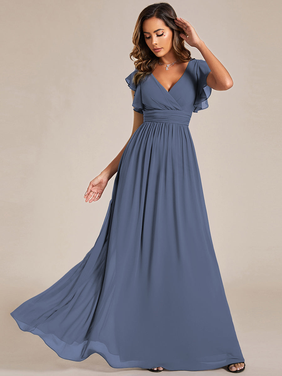 Ruffles Sleeve Back Cutout A-Line Maxi Chiffon Bridesmaid Dress #color_Stormy