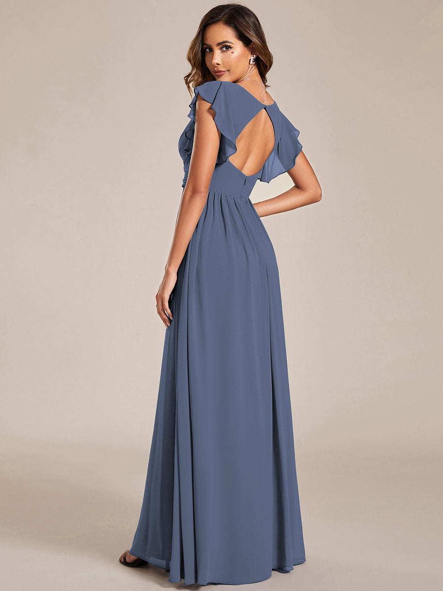 Ruffles Sleeve Back Cutout A-Line Maxi Chiffon Bridesmaid Dress #color_Stormy