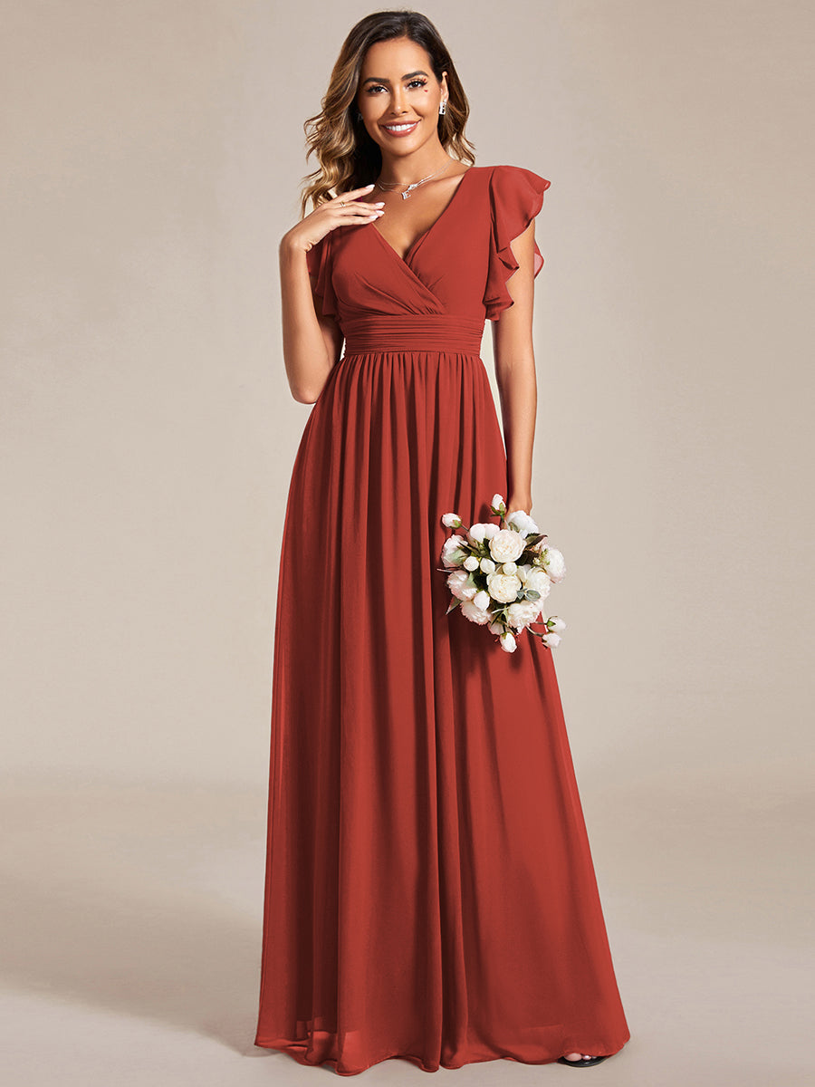 Ruffles Sleeve Back Cutout A-Line Maxi Chiffon Bridesmaid Dress #color_Vermilion