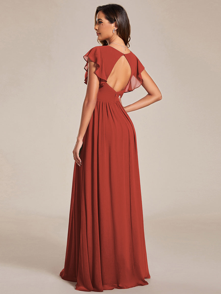 Ruffles Sleeve Back Cutout A-Line Maxi Chiffon Bridesmaid Dress #color_Vermilion