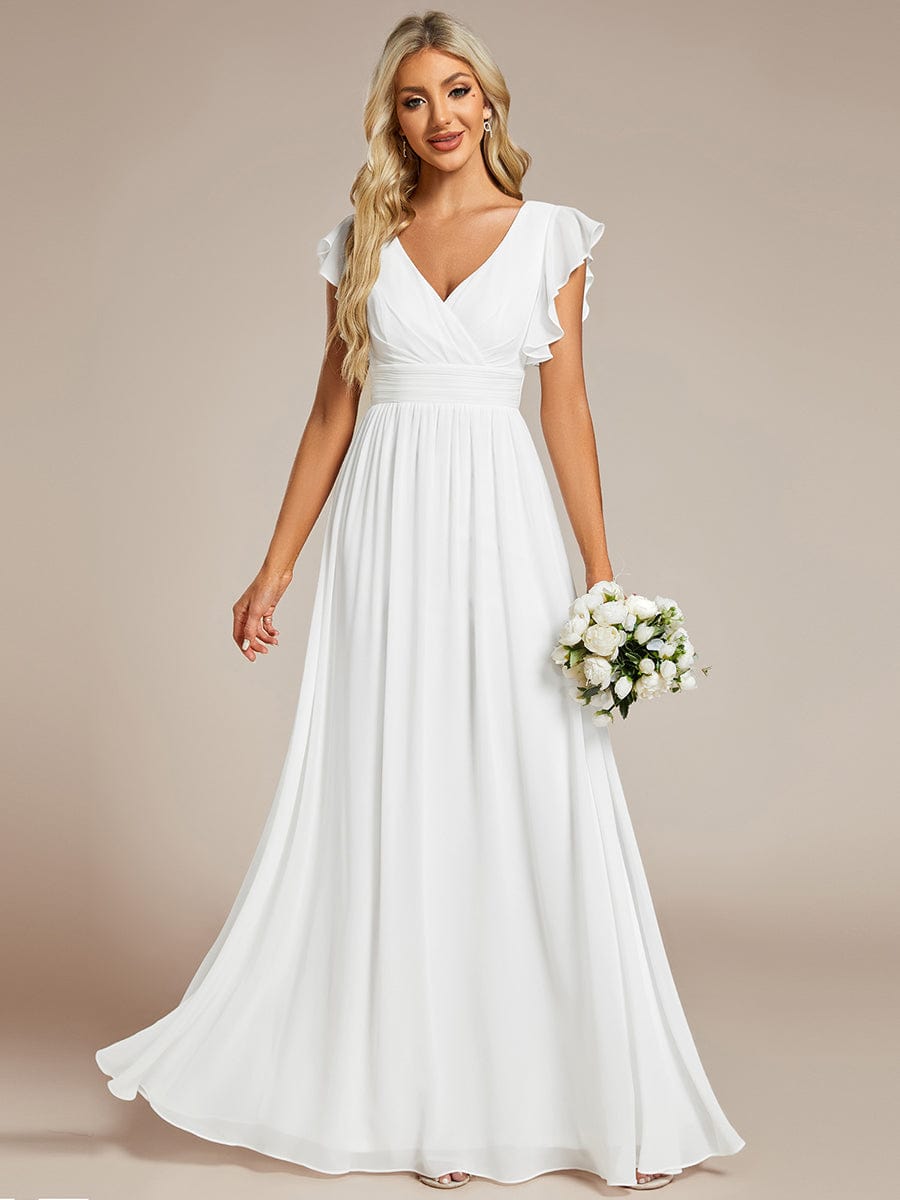 Back Cutout A-Line Pleated Ruffles Sleeve Chiffon Bridesmaid Dress #color_White