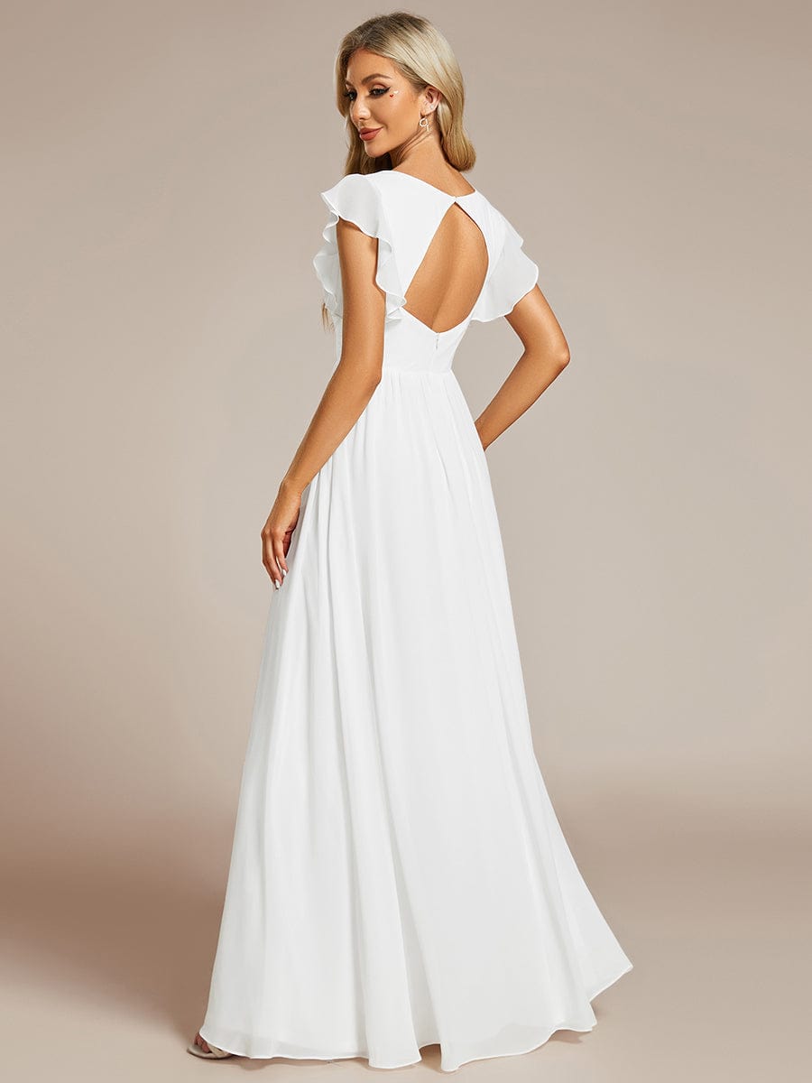 Back Cutout A-Line Pleated Ruffles Sleeve Chiffon Bridesmaid Dress #color_White