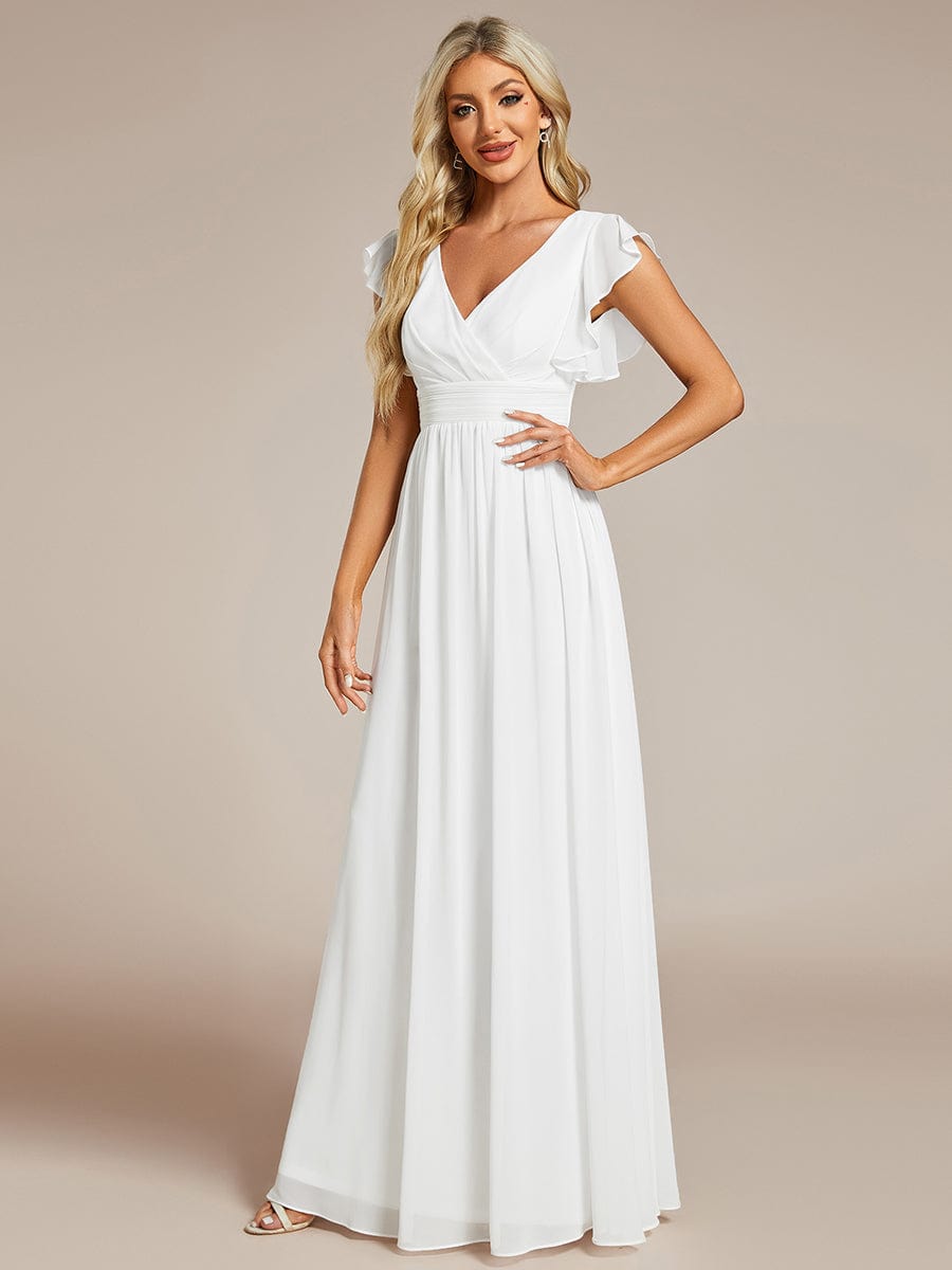 Back Cutout A-Line Pleated Ruffles Sleeve Chiffon Bridesmaid Dress #color_White