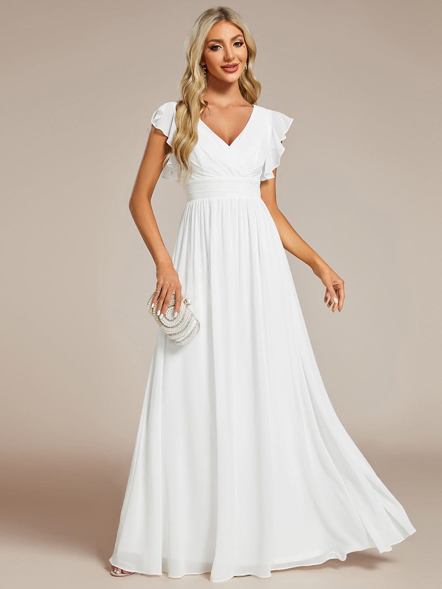 Back Cutout A-Line Pleated Ruffles Sleeve Chiffon Bridesmaid Dress #color_White