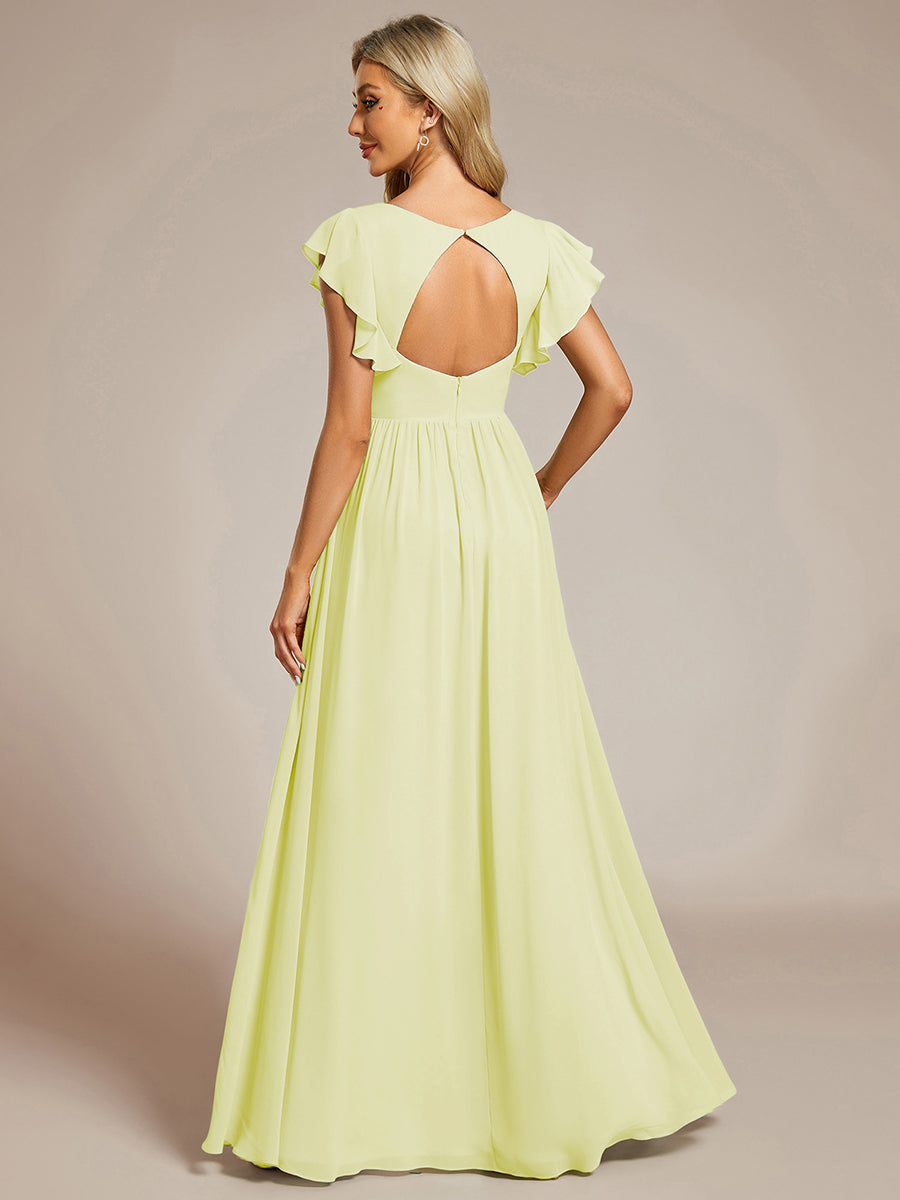 Ruffles Sleeve Back Cutout A-Line Maxi Chiffon Bridesmaid Dress #color_Yellow