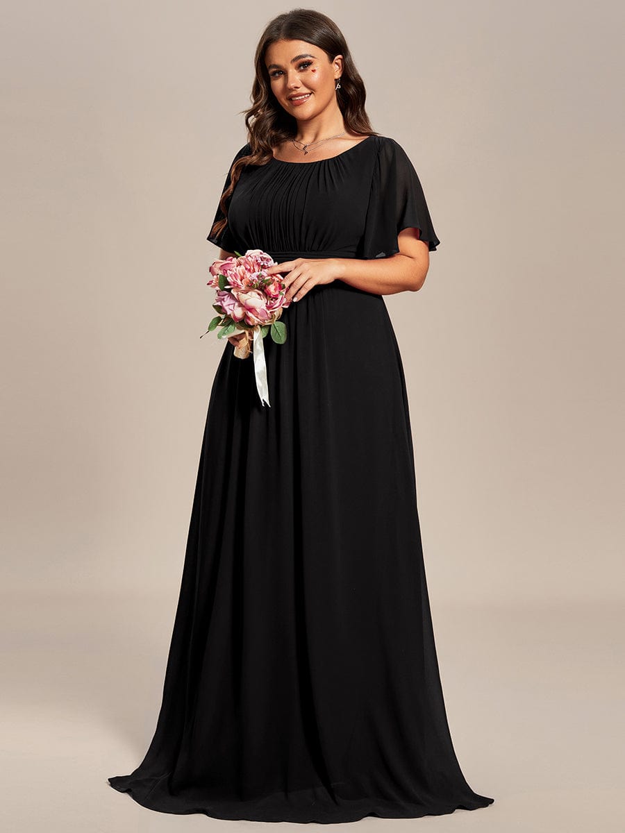 Plus Size Simple Chiffon Pleated A-Line Round Neckline Bridesmaid Dress #color_Black