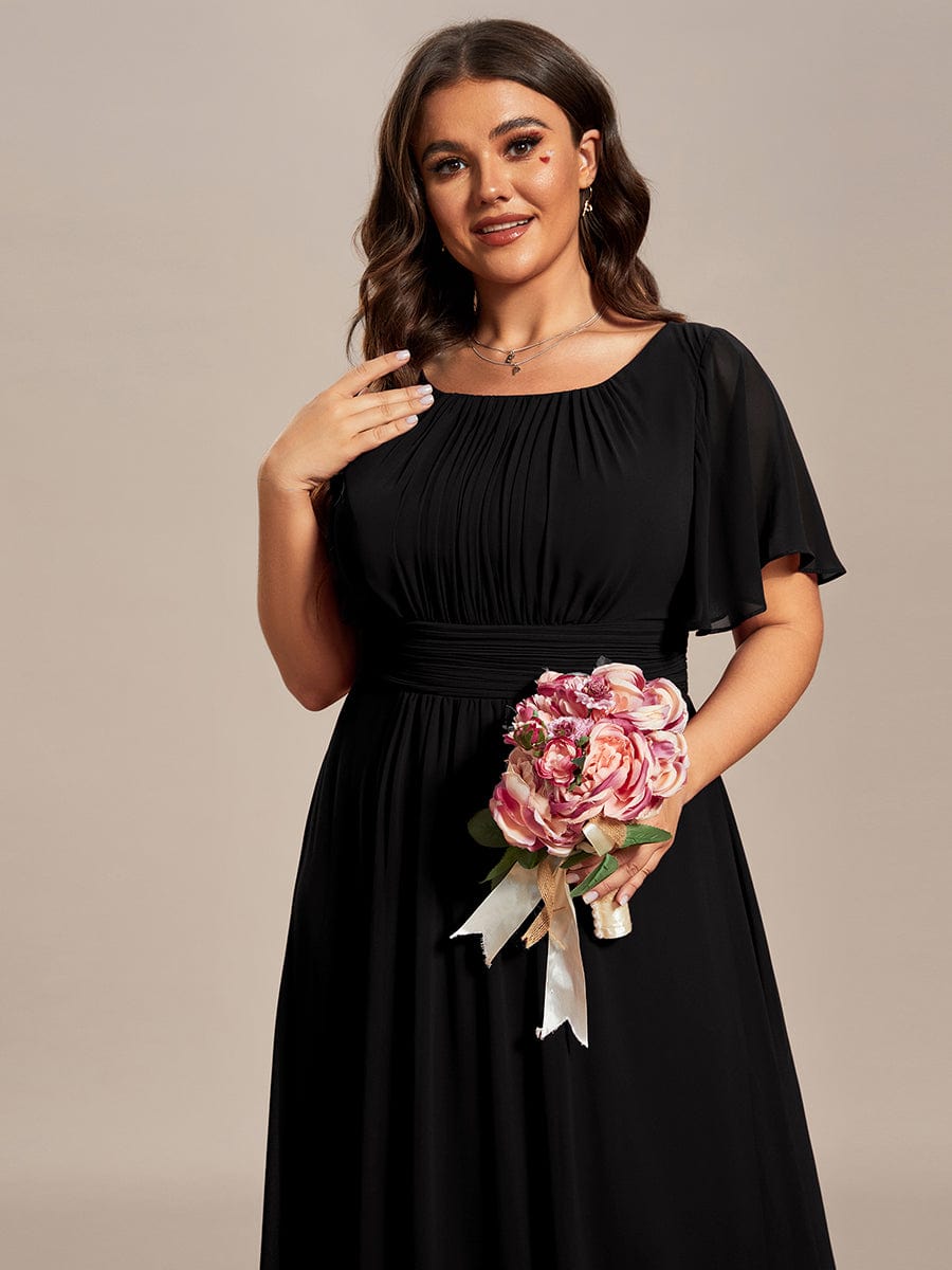 Plus Size Simple Chiffon Pleated A-Line Round Neckline Bridesmaid Dress #color_Black