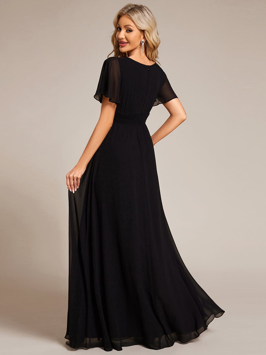 Simple Chiffon Pleated A-Line Round Neckline Bridesmaid Dress #color_Black