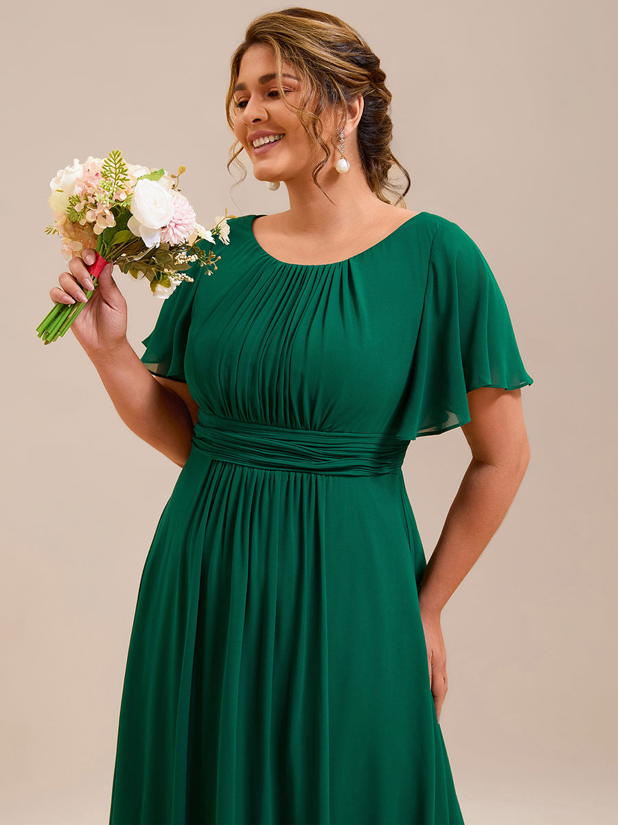 Plus Size Simple Chiffon Pleated A-Line Round Neckline Bridesmaid Dress #color_Dark Green