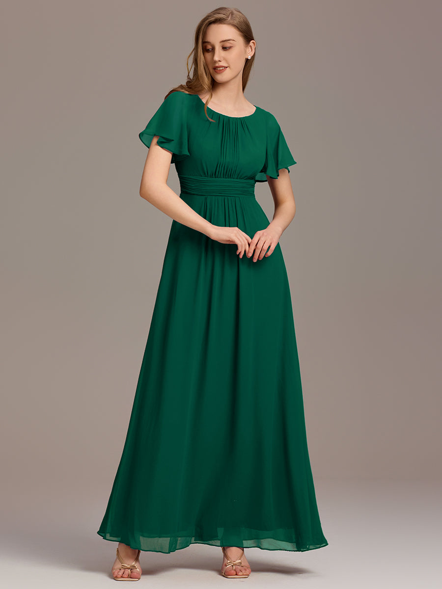 Simple Chiffon Pleated A-Line Round Neckline Bridesmaid Dress #color_Dark Green