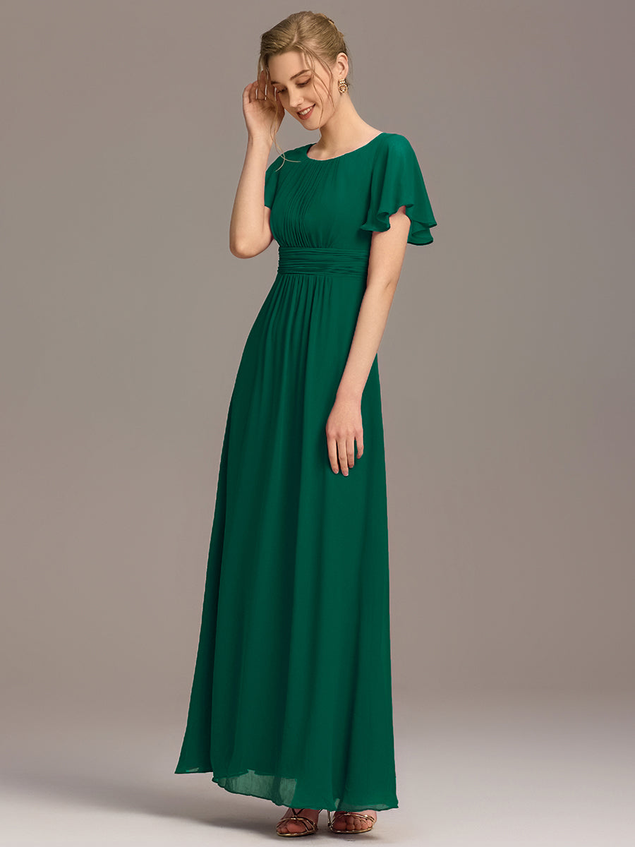 Simple Chiffon Pleated A-Line Round Neckline Bridesmaid Dress #color_Dark Green