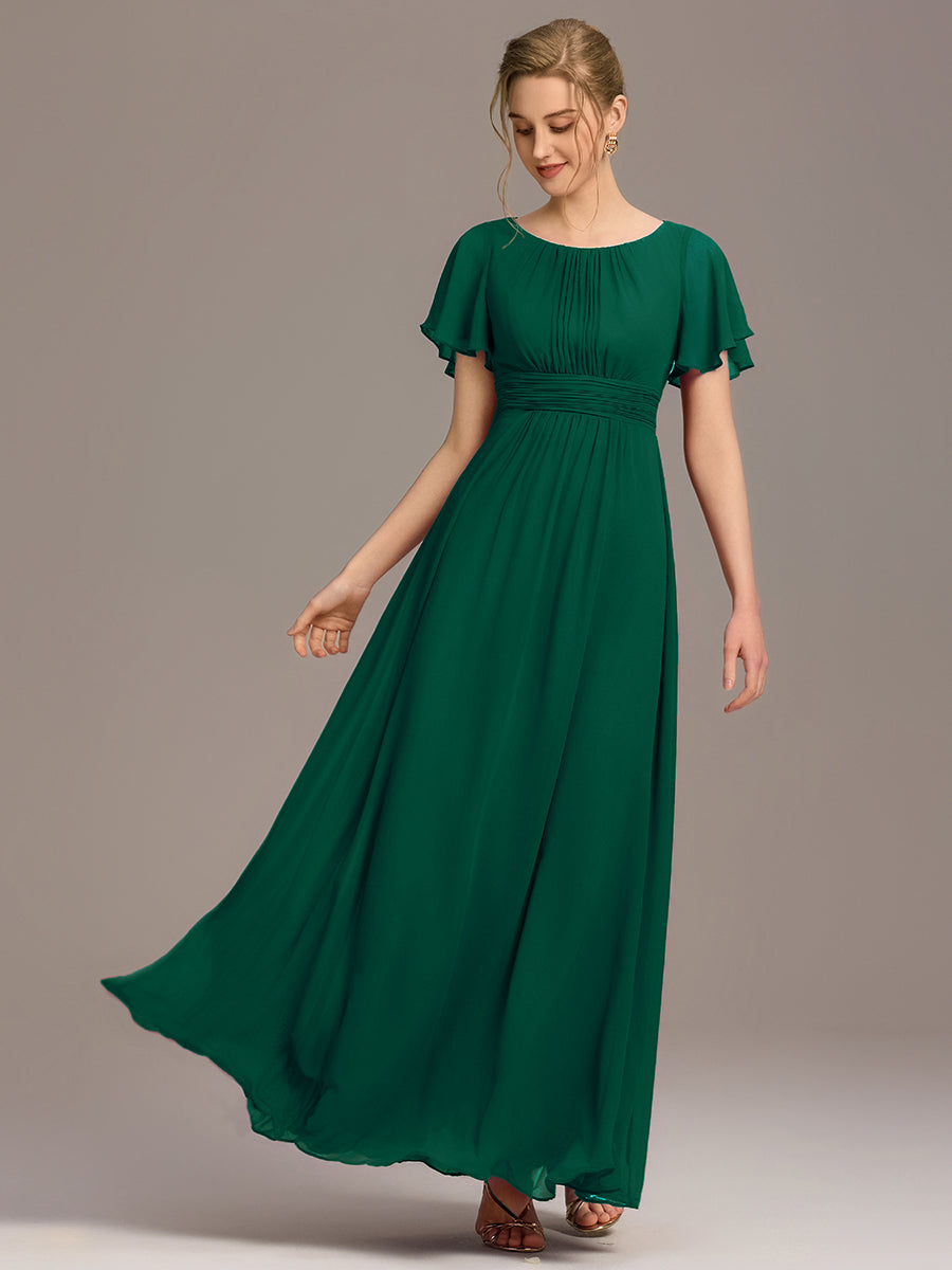 Simple Chiffon Pleated A-Line Round Neckline Bridesmaid Dress #color_Dark Green