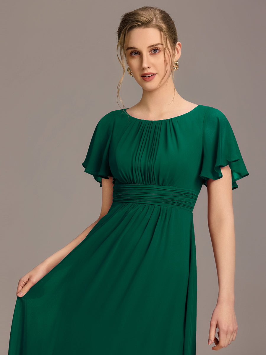 Simple Chiffon Pleated A-Line Round Neckline Bridesmaid Dress #color_Dark Green