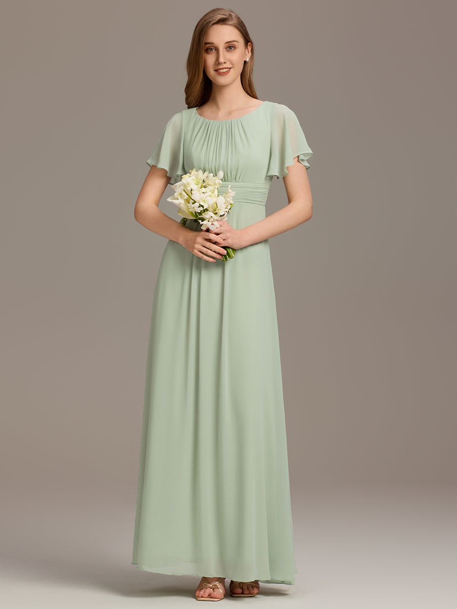 Simple Chiffon Pleated A-Line Round Neckline Bridesmaid Dress #color_Mint Green