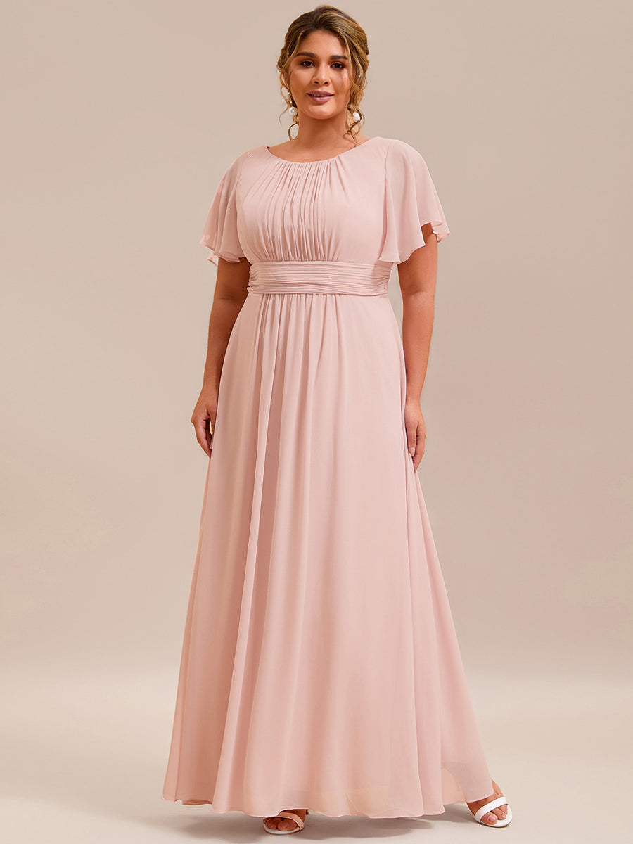 Plus Size Simple Chiffon Pleated A-Line Round Neckline Bridesmaid Dress #color_Pink