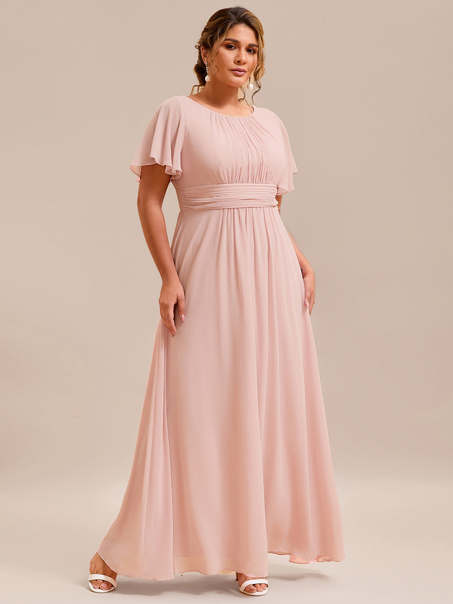 Simple Chiffon Pleated A-Line Round Neckline Bridesmaid Dress #color_Pink