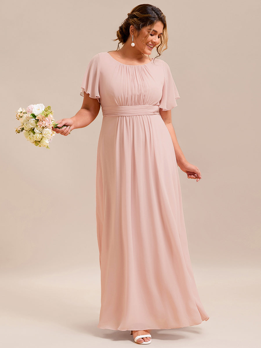 Plus Size Simple Chiffon Pleated A-Line Round Neckline Bridesmaid Dress #color_Pink